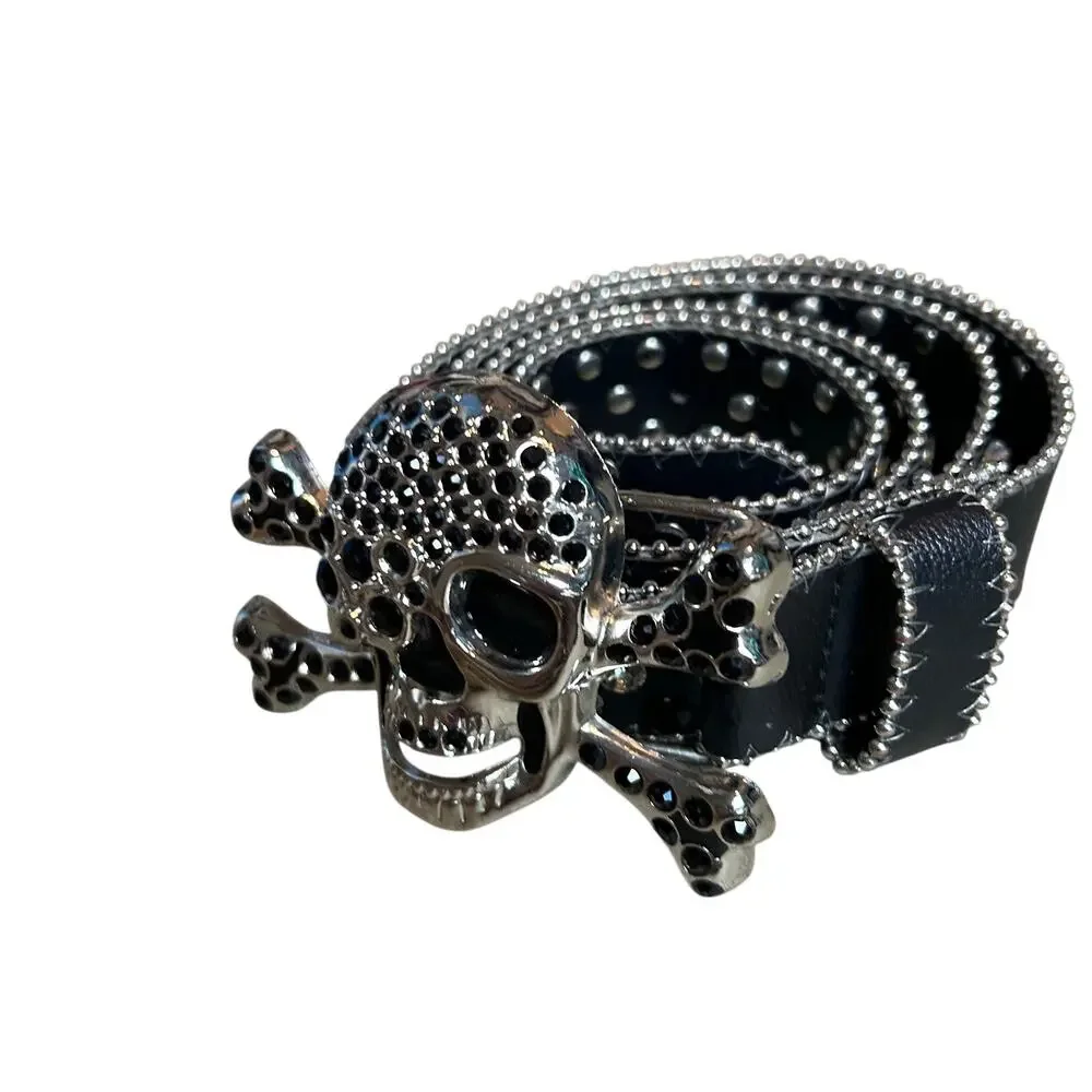 Pirate Belt Silver Rhinestone Skull Black Leather Glam Rock Goth Y2K Punk Grunge